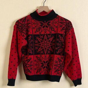 VTG 80s 90s Red Black Snowflake Mock Neck Sweater (Size S)